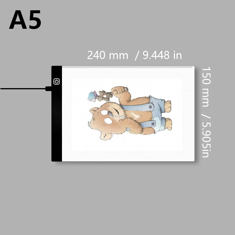 A transparent LED tracing light for artists showing a drawing of a bear.