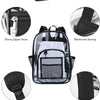 A clear waterproof shoulder bag filled with various electronic accessories and stationery.