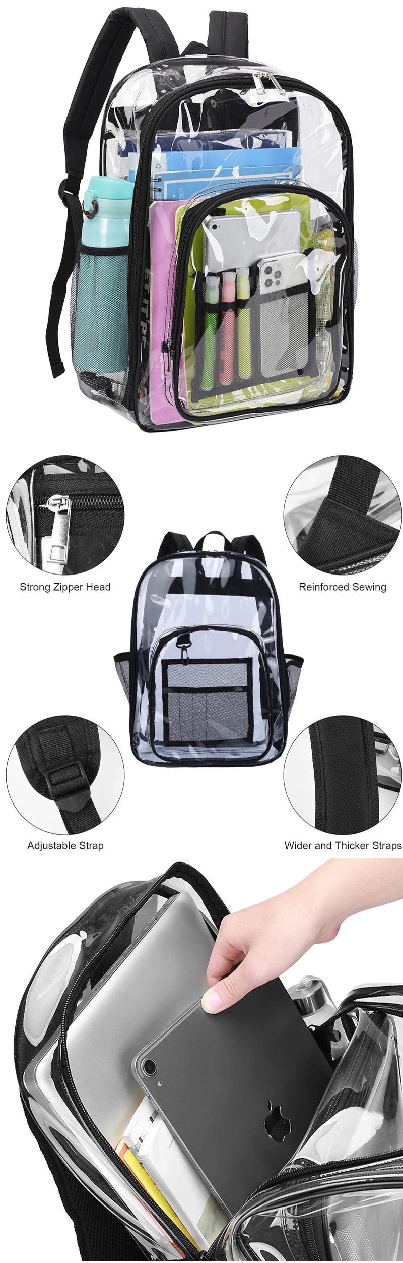 A clear waterproof shoulder bag filled with various electronic accessories and stationery.