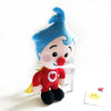 A soft, blue-haired plush toy resembling a clown with a red nose and red outfit.