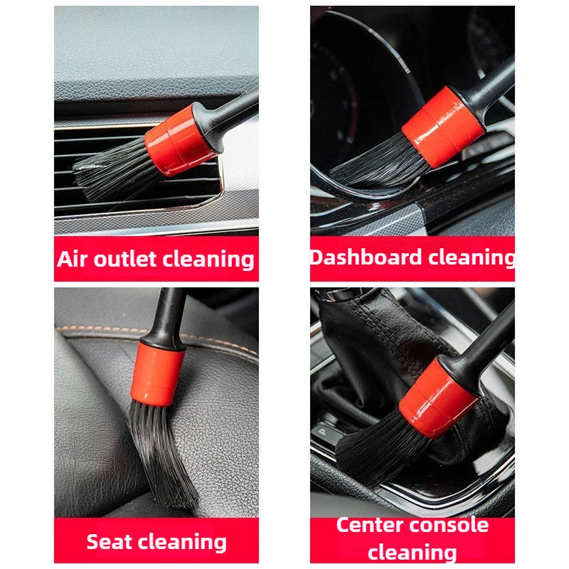 A set of orange and black car cleaning brushes for air outlets, dashboard, seat, and center console.