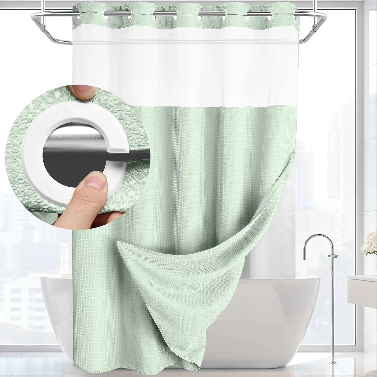 Double-Layer Waffle Shower Curtain with Built-in Snap Liner
