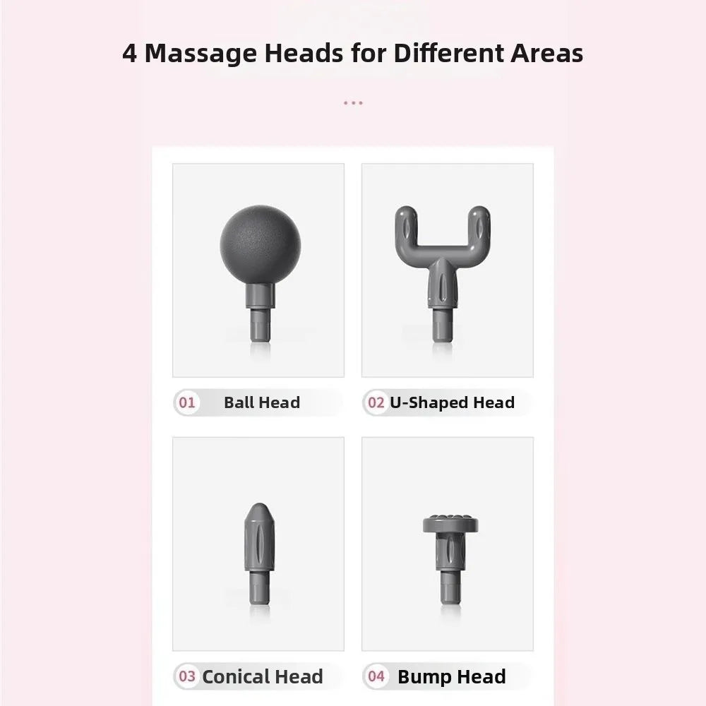 Four massage heads for a compact cordless percussion massager: ball, U-shaped, conical, and bump.