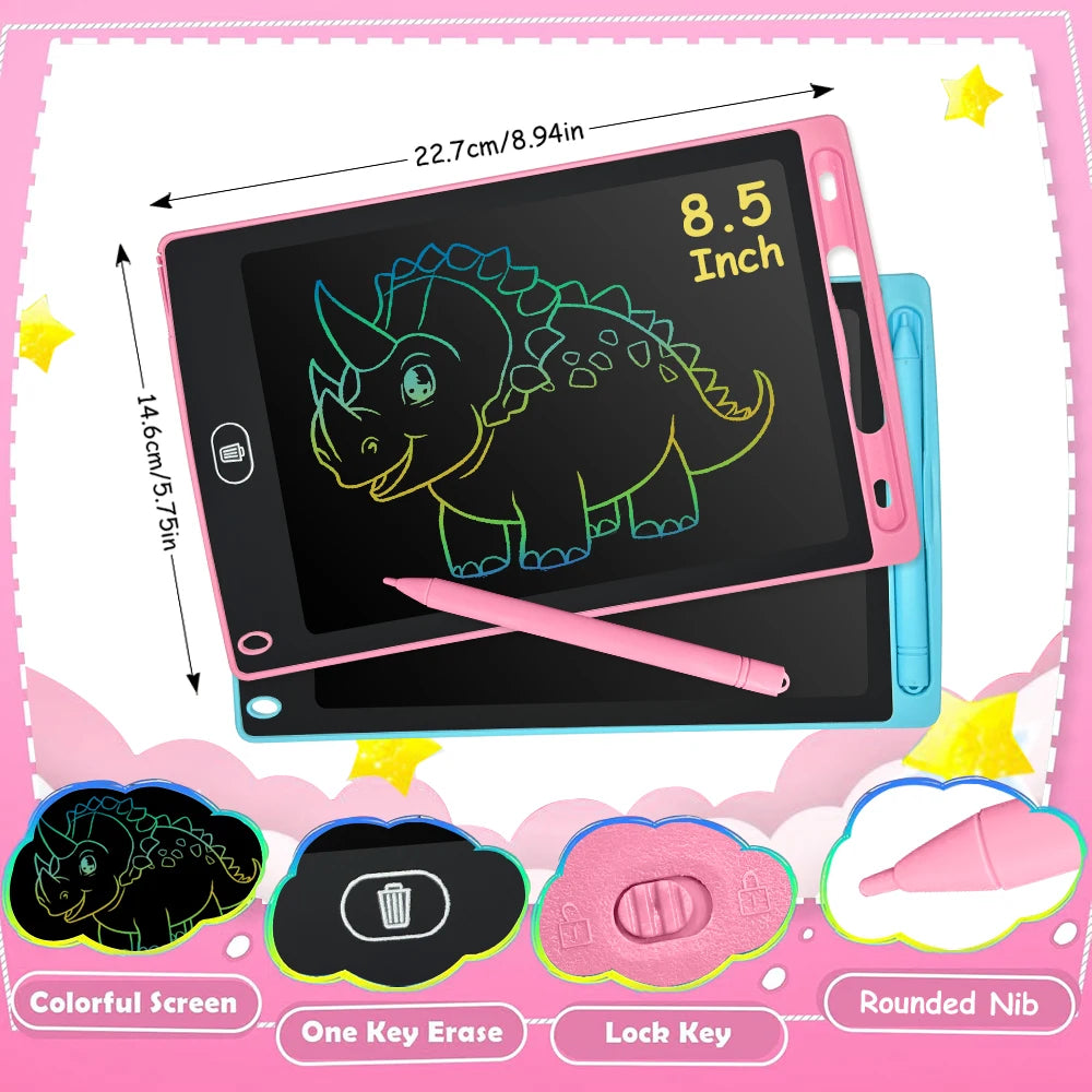 A pink LCD writing tablet featuring a dinosaur drawing, with accessories for erasing and locking the screen.