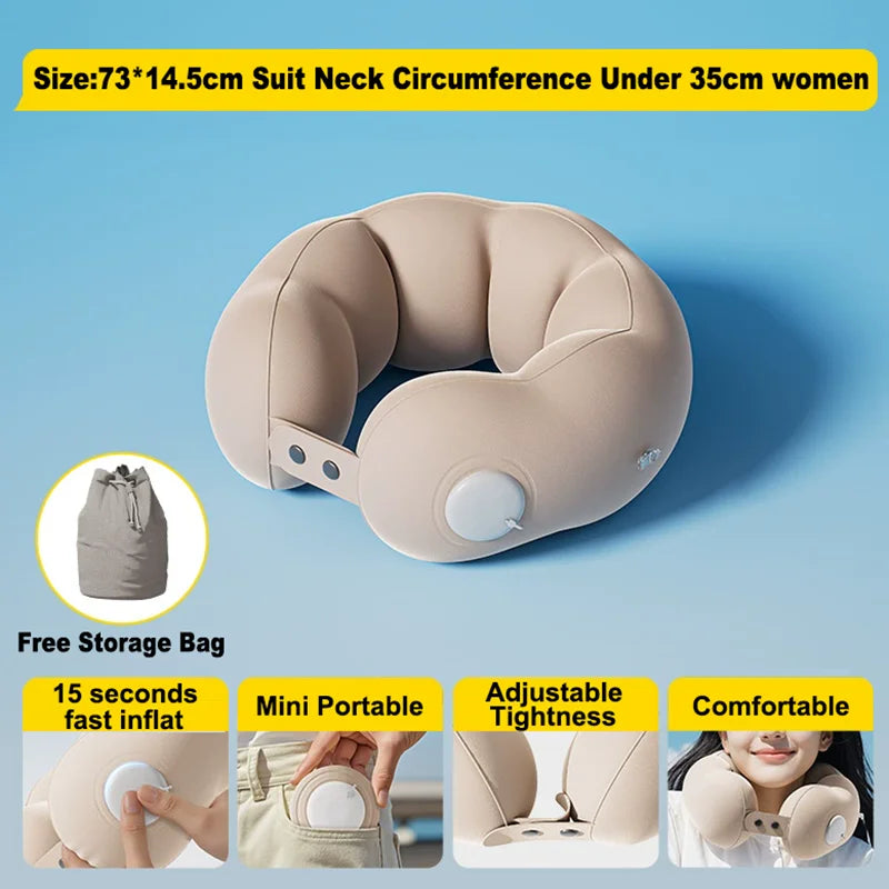 A beige inflatable U-shaped travel neck pillow shown with a storage bag and demonstrating its portable and comfortable featur