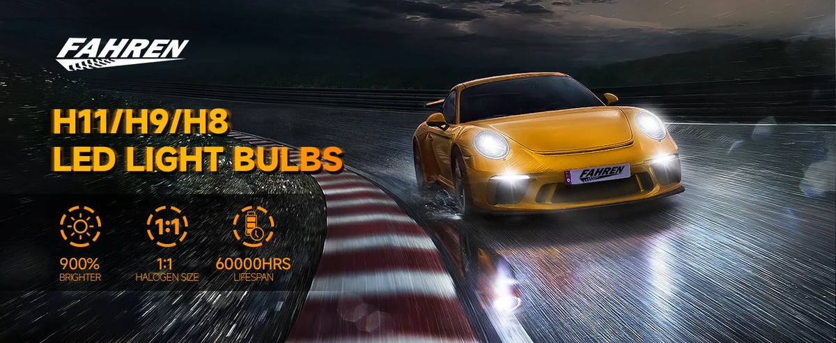 A yellow sports car with bright LED headlights is shown on a racetrack, highlighting Fahren H11/H8/H9 LED light bulbs.