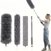 A woman is holding a retractable electrostatic dust duster with a microfiber head, shown next to various duster attachments.