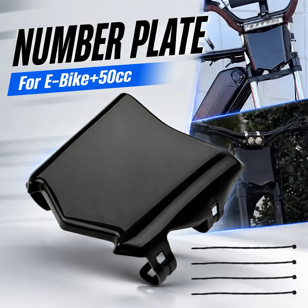 Black number plate for e-bikes, shown with mounting wires.