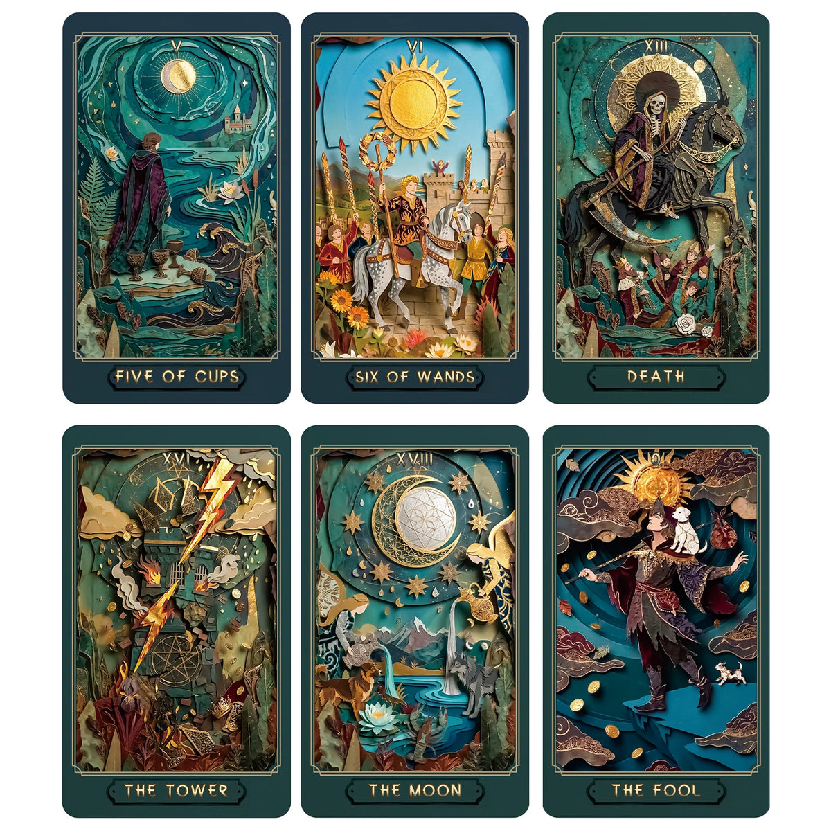 A collection of twelve tarot cards featuring detailed paper-cut art illustrations like Five of Cups, Six of Wands, Death, The