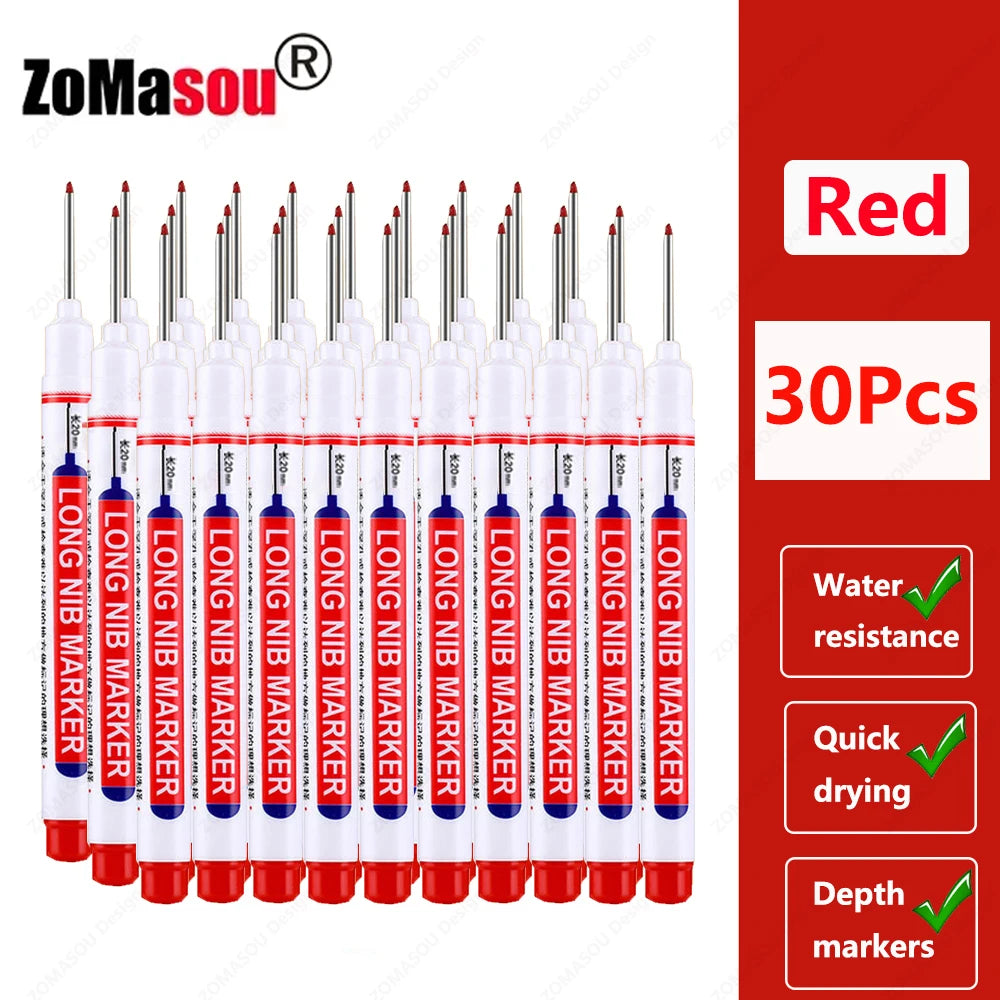 A set of red long-head waterproof deep hole markers for woodworking and construction