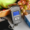 A silver digital luggage scale with an LCD display is shown next to a piece of fruit and a wooden stick.