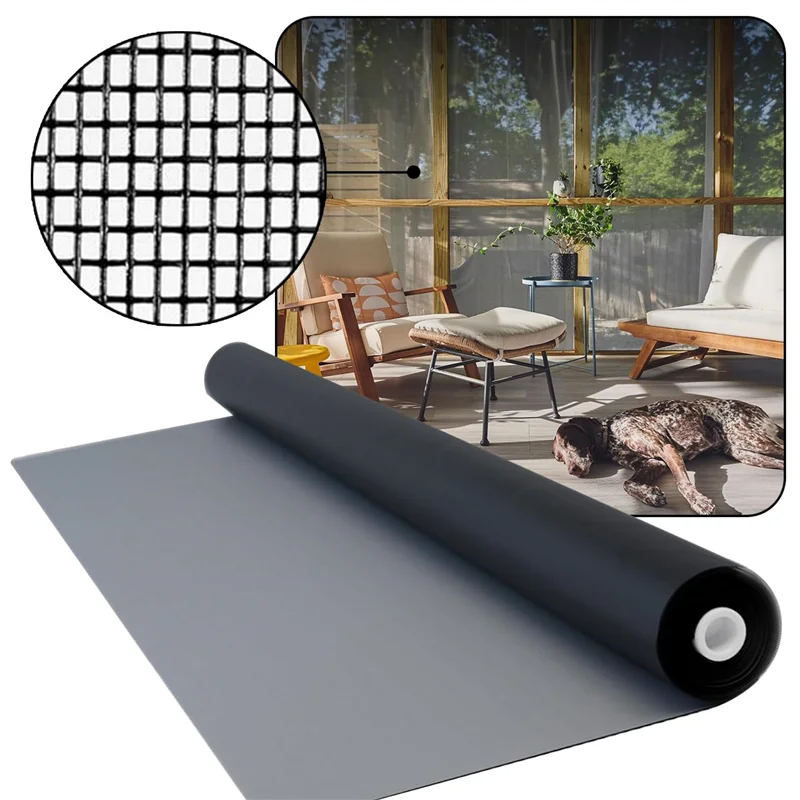 Roll of gray fiberglass window screen mesh with a circular pattern and a detailed interior scene.