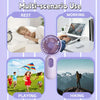 A multi-scenario use display showing a mini USB rechargeable handheld fan in various contexts like rest, working, playing, an