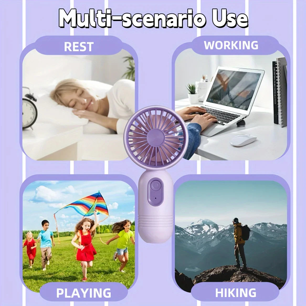 A multi-scenario use display showing a mini USB rechargeable handheld fan in various contexts like rest, working, playing, an