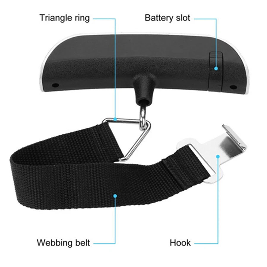 A black portable digital luggage scale featuring a triangle ring, battery slot, webbing belt, and hook.