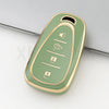 A light green durable TPU key fob cover with various cutouts for Chevrolet models.