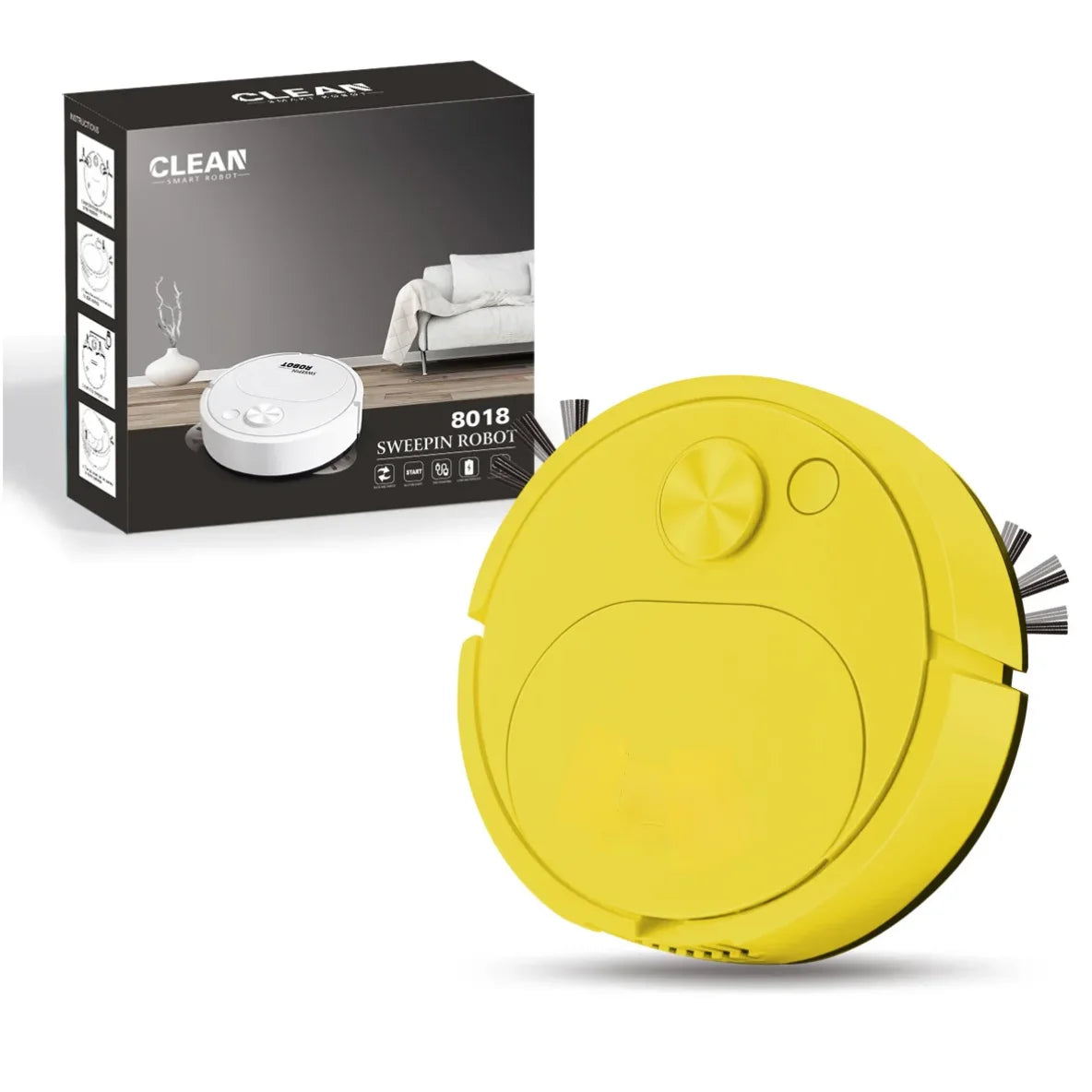 Yellow 3-in-1 smart robot vacuum cleaner with a black box packaging visible.