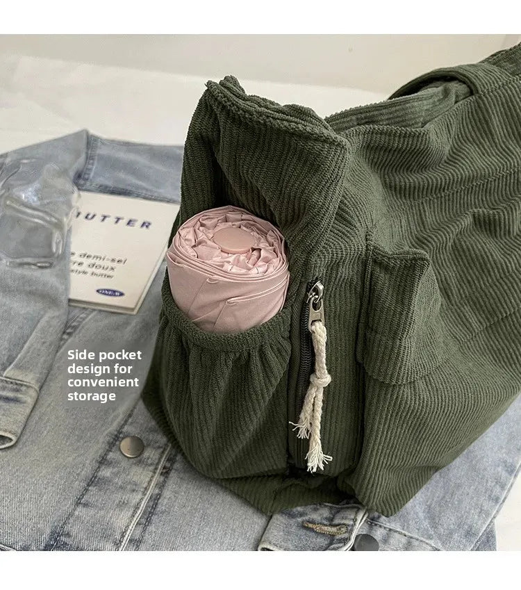 Classic Corduroy Tote Bag with Multiple Pockets