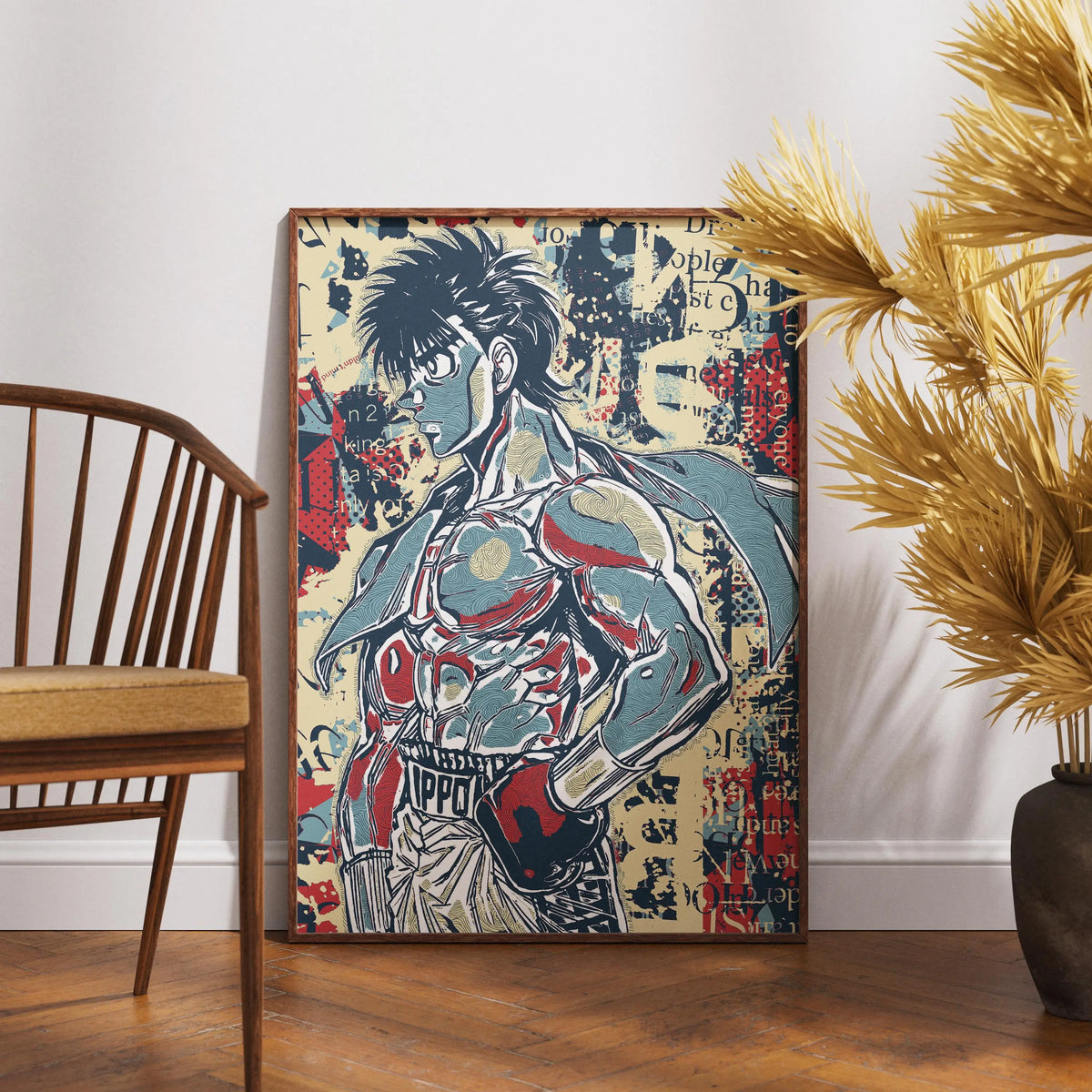 Canvas wall art featuring a muscular anime boxer in a boxing stance against a textured background.