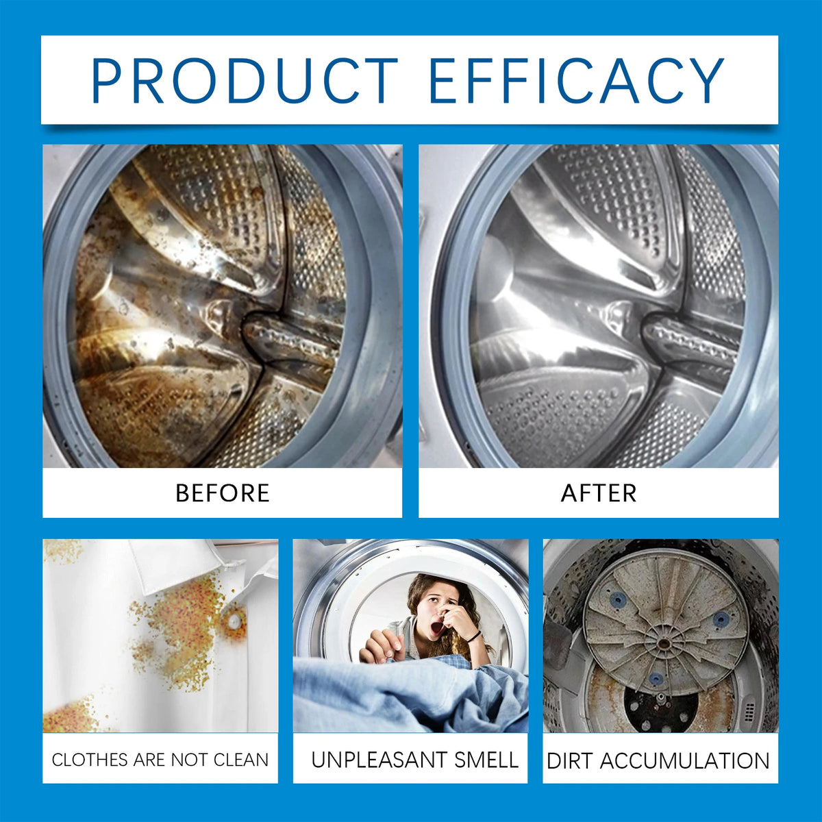 Before and after comparison showing the effect of washing machine cleaning tablets on dirt accumulation and unpleasant smell.
