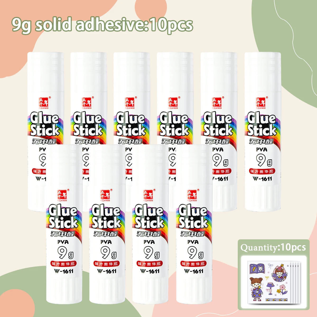 A set of 10 solid glue sticks in various colors and sizes for crafts and office use