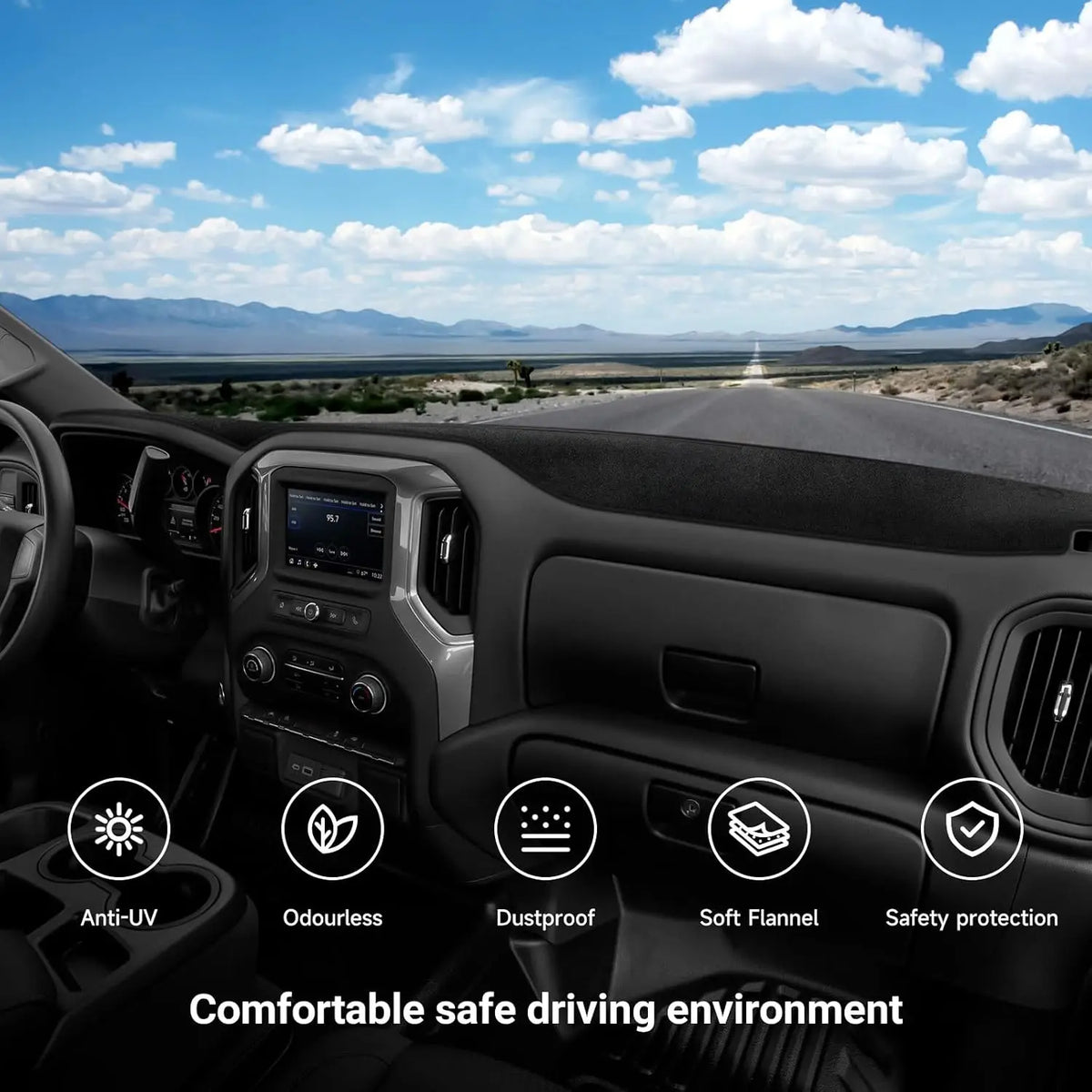 Interior view of a truck showing a custom fit dash cover mat for comfortable and safe driving.