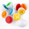 A collection of colorful, plastic egg-shaped sorters in various colors and shapes for toddlers.