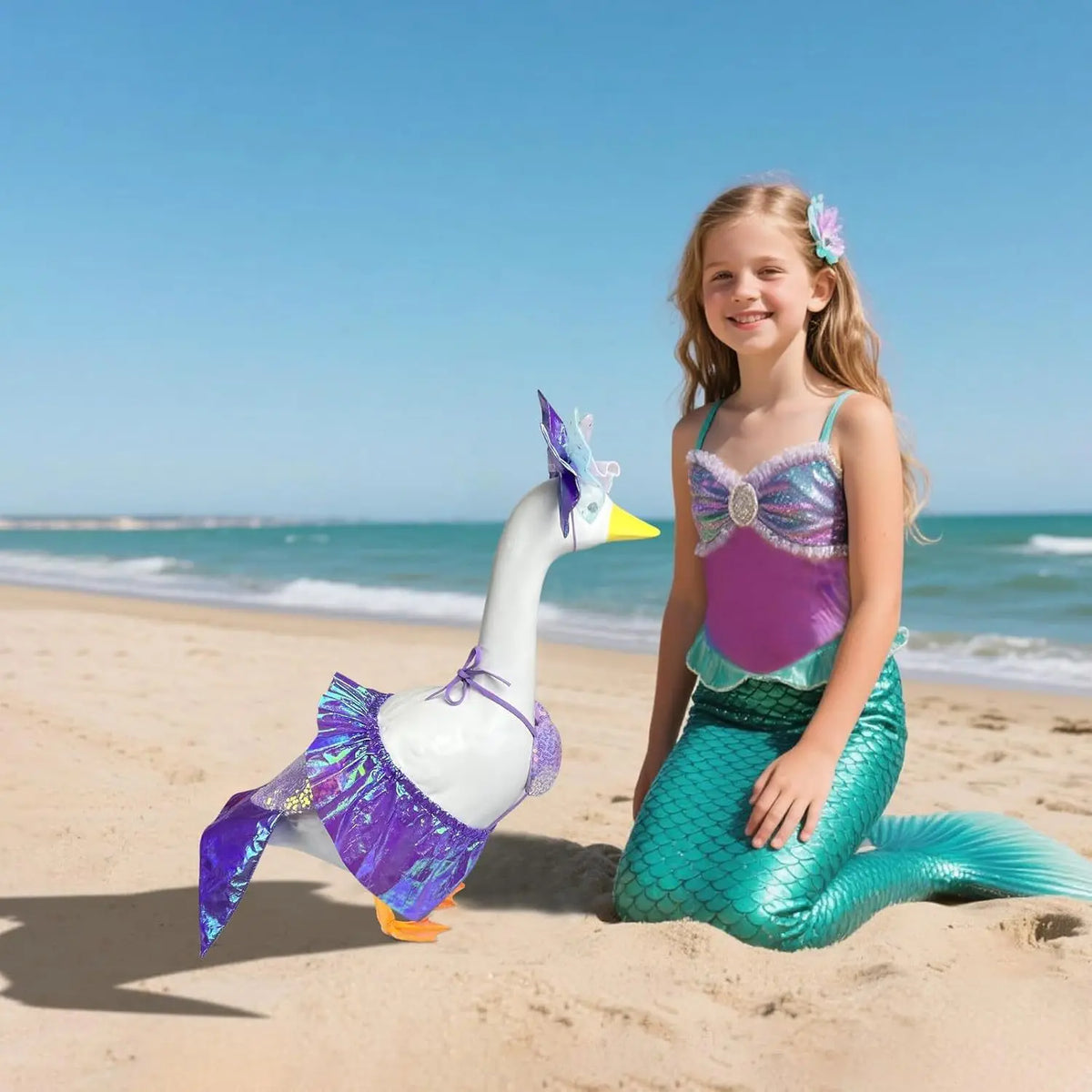 A young girl is posing with a mermaid bikini costume and a lawn goose statue on a sandy beach.