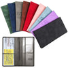 A collection of colorful slim card holder wallets in various shades including blue, green, red, pink, and purple.