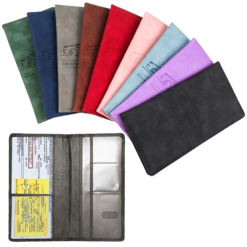 A collection of colorful slim card holder wallets in various shades including blue, green, red, pink, and purple.
