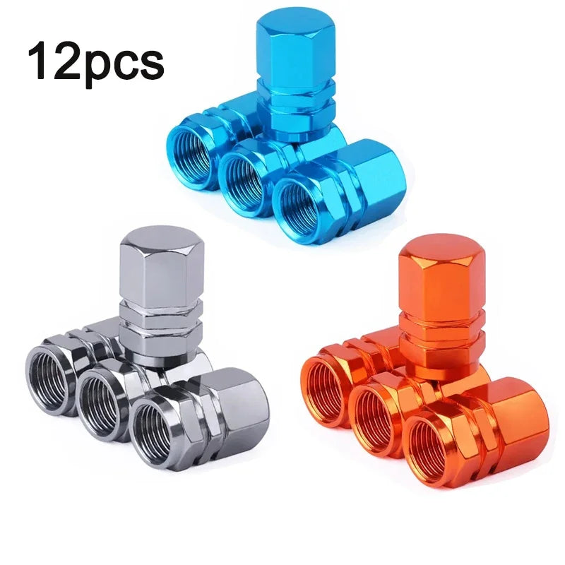 A set of 12 aluminum alloy wheel tire valve caps in blue and orange colors, featuring a hexagon design.
