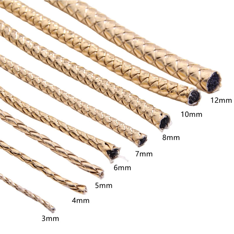 A collection of braided leather cords in various diameters, ranging from 3mm to 12mm.
