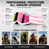 A pair of pink and black professional MX off-road goggles with an adjustable strap shown against a white background.
