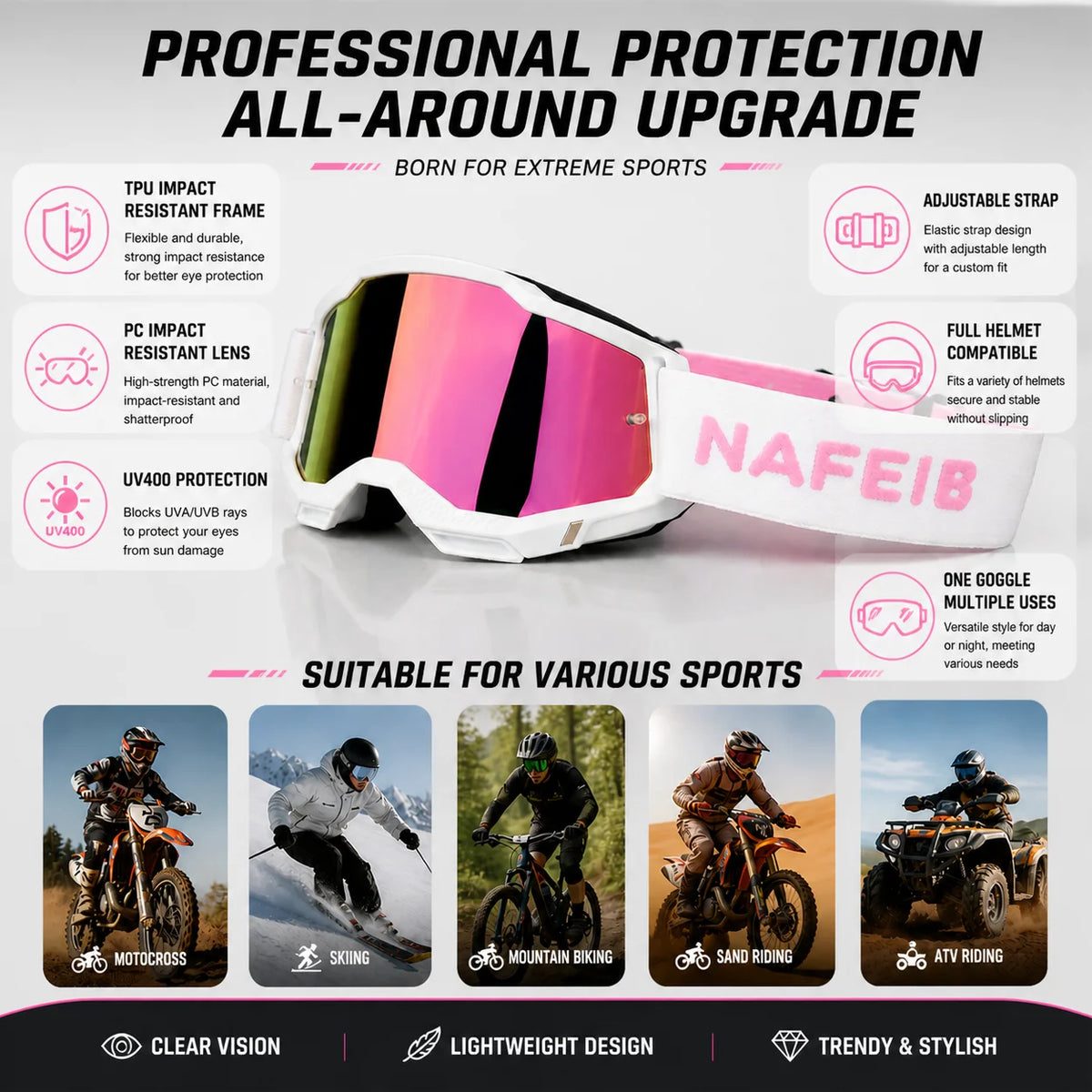 A pair of pink and black professional MX off-road goggles with an adjustable strap shown against a white background.