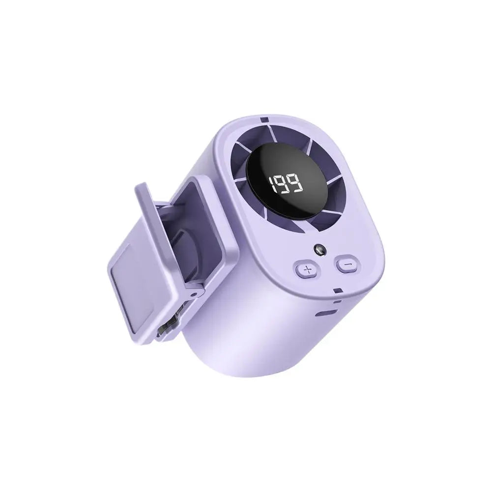 Ventilador portátil para coche morado mostrando una temperatura de 19.9 grados.