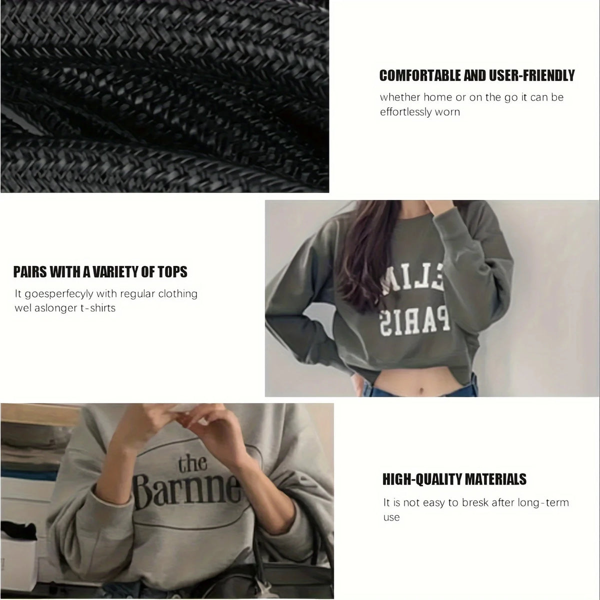 A close-up of a gray sweatshirt with black text, showing the fabric texture and fit.