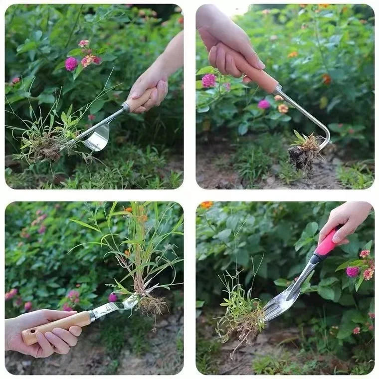 A hand is using a carbon steel manual weeding tool set, including a sickle, weeder, and hand shovel, to remove weeds from pla