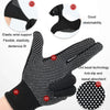 Black knitted work gloves with dotted grip showing various features and fit details.