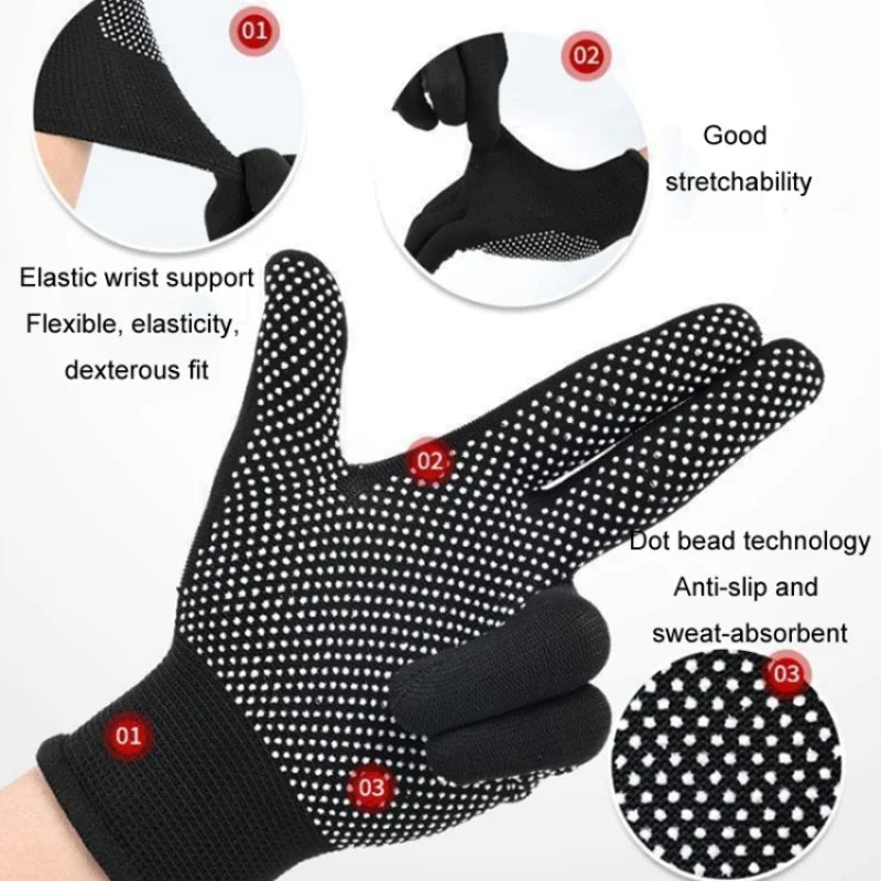 Black knitted work gloves with dotted grip showing various features and fit details.