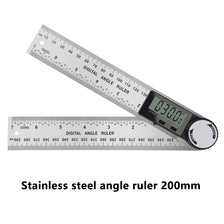 A stainless steel digital angle ruler measuring up to 200mm for precise angle measurements.