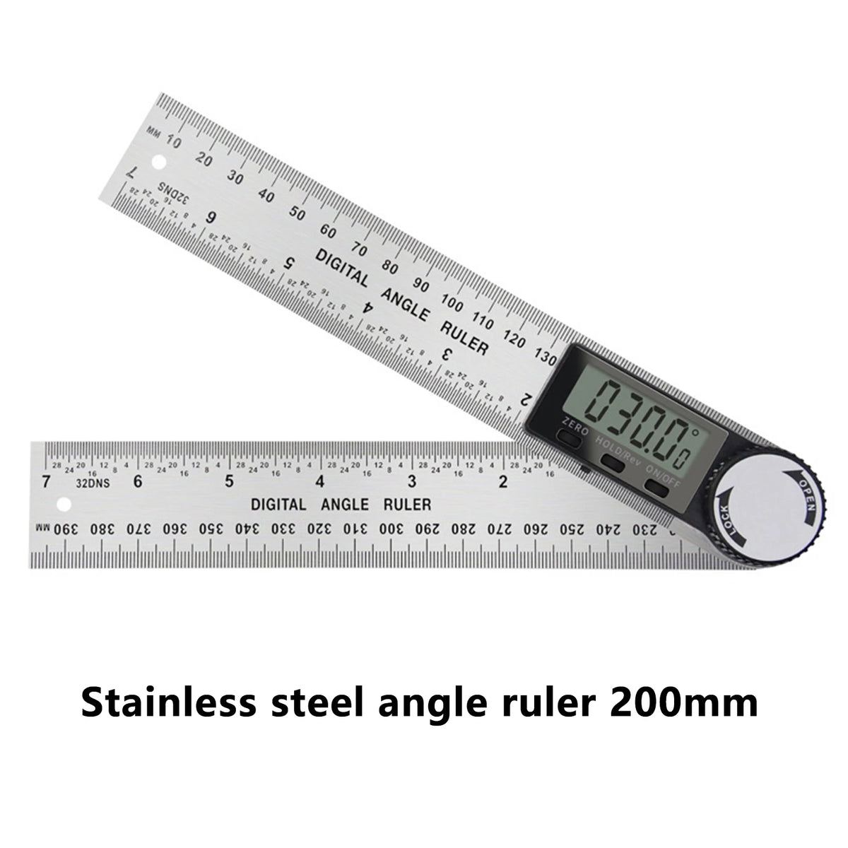 A stainless steel digital angle ruler measuring up to 200mm for precise angle measurements.