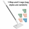 A white flat mop with a handle and base, accompanied by five assorted colored rags.