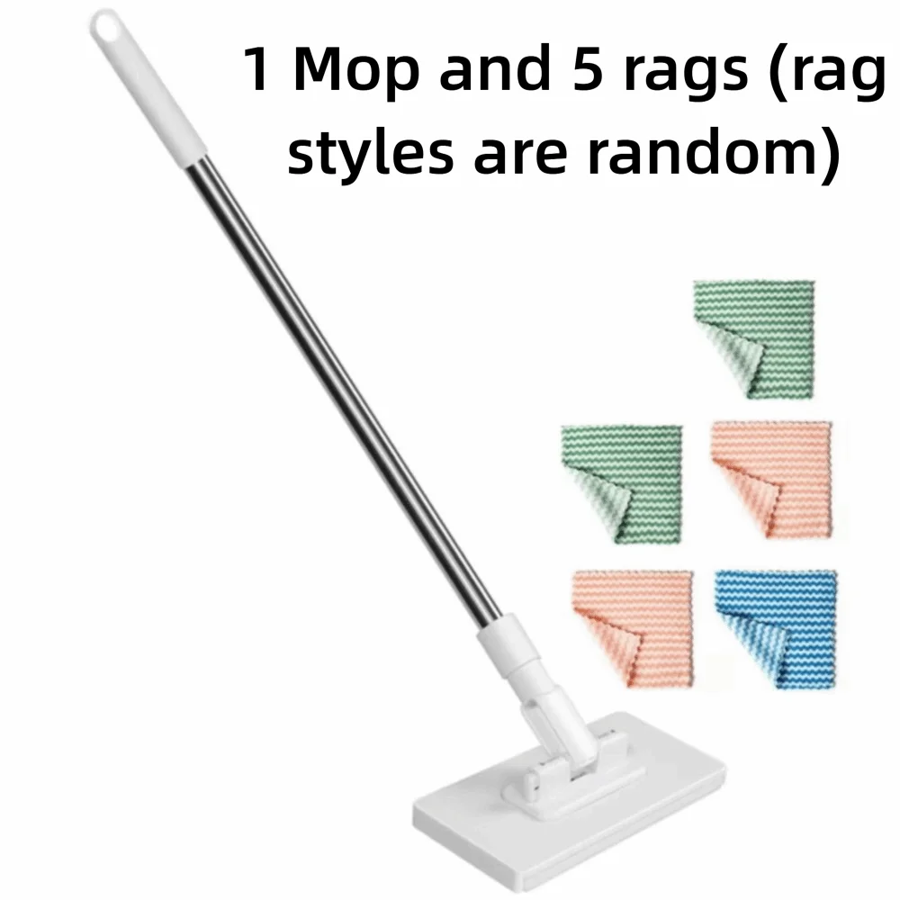 A white flat mop with a handle and base, accompanied by five assorted colored rags.