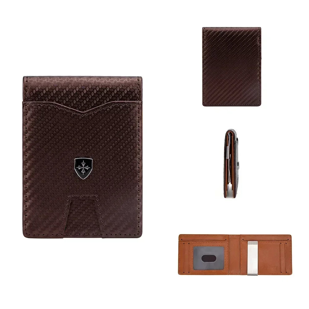 A dark brown carbon fiber slim wallet shown in multiple views, including a folded card and an open leather wallet.
