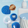 Design of dense mesh for imitation luffa ladle showing various blue cleaning mesh products.