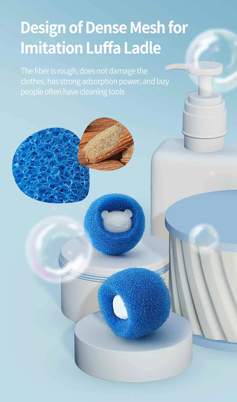 Design of dense mesh for imitation luffa ladle showing various blue cleaning mesh products.