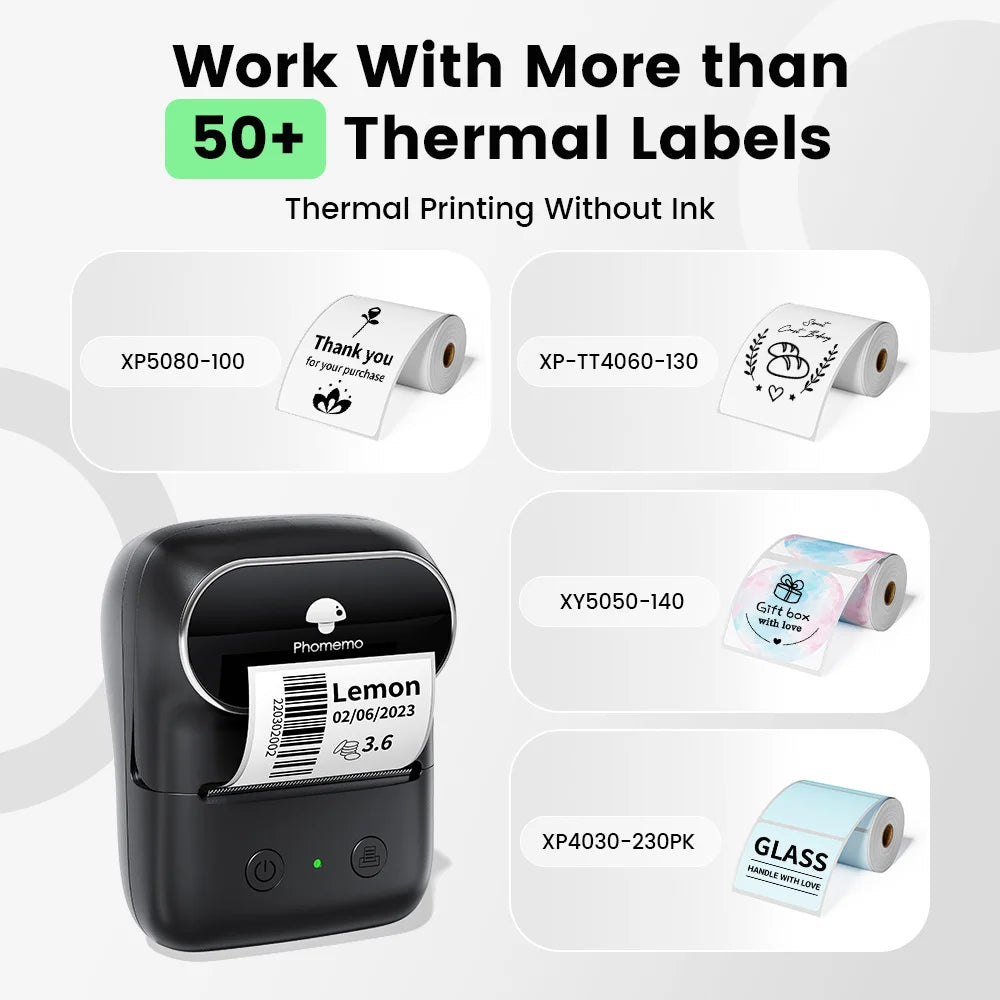 A black portable thermal label maker device shown with various thermal labels and a lemon-shaped label.