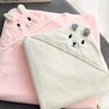 Pink and white fuzzy hooded baby bathrobe towel with cartoon bear designs