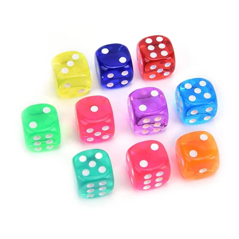 A collection of 100 transparent acrylic D6 dice in various colors including yellow, blue, purple, and orange.