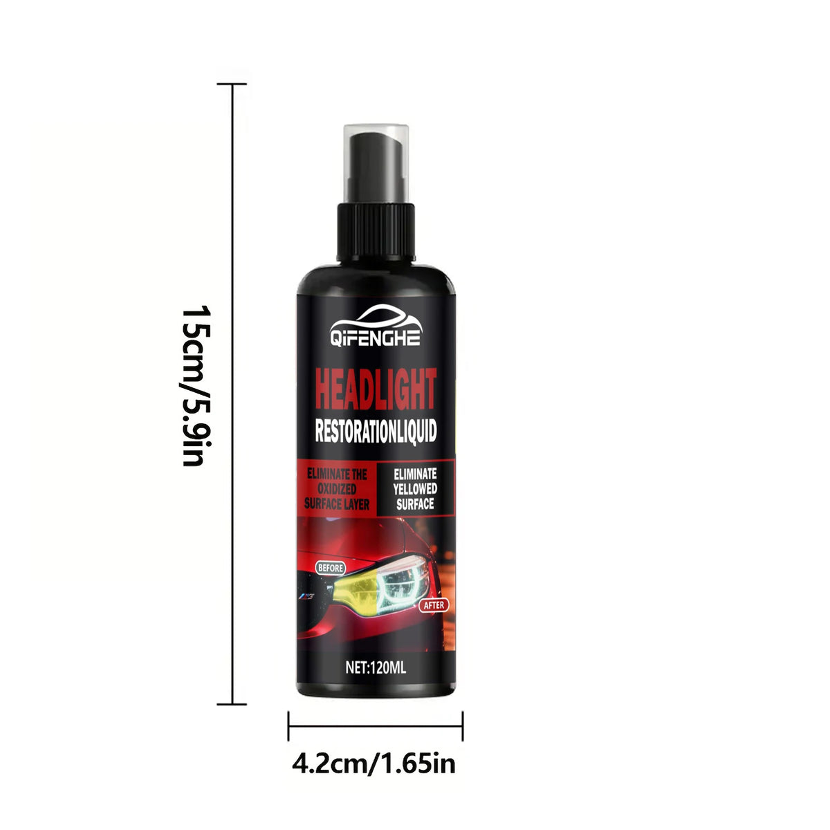 A black bottle of Qifenge headlight restoration liquid with a black cap and a white label.